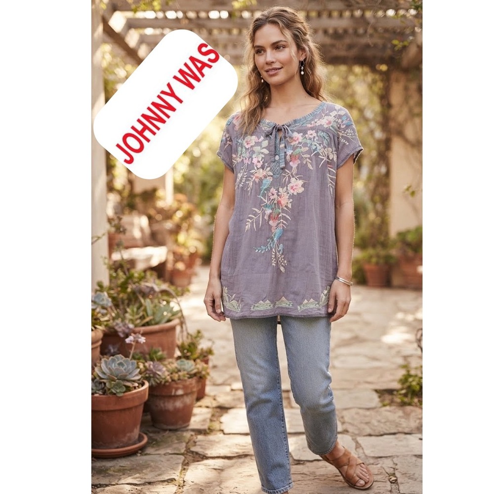 Johnny Was Embroidered Floral Bird Tunic Blouse Purple‎ Grey Sz XS Cottage Core